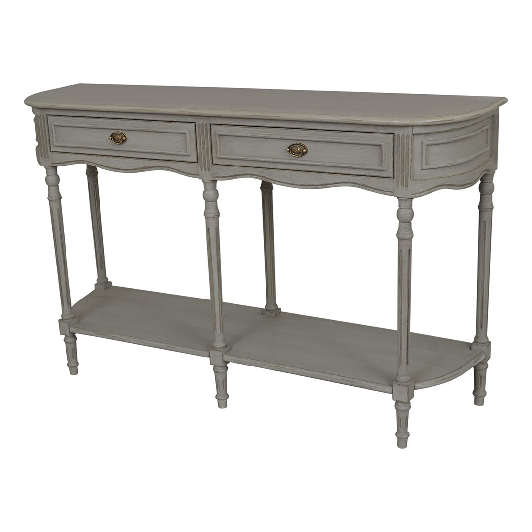 Heidi 2 Drawer / 1 Shelf Hall Table – Grey with Gold Distress