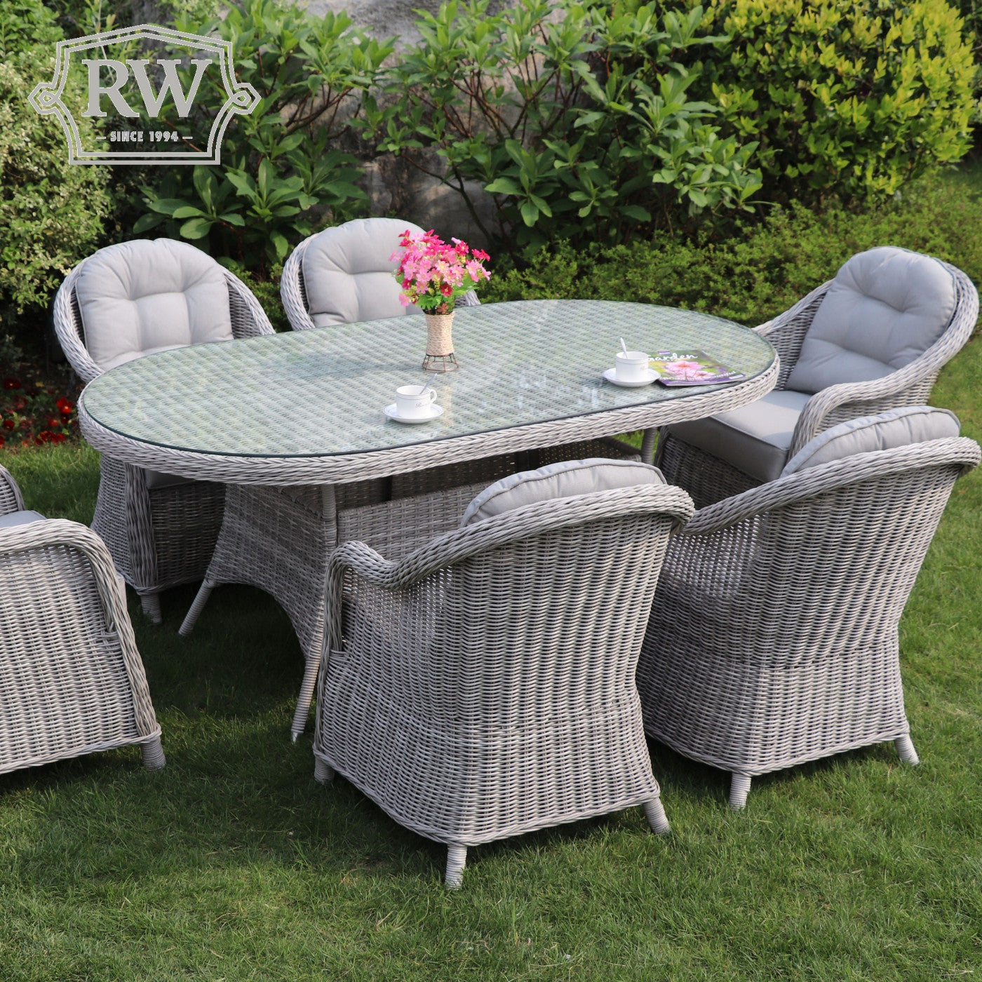 Sepino - 6 Seater Set with Oval Table & Lazy Susan (Light Grey)